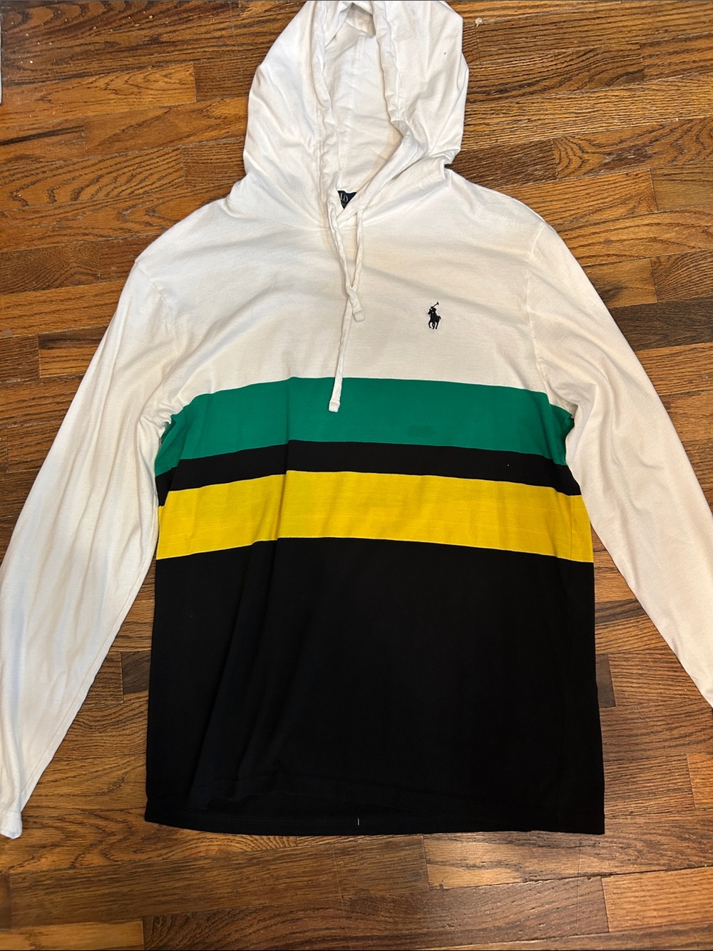 Polo by Ralph Lauren White Hooded Shirt with Green, Yellow & Black Stripes